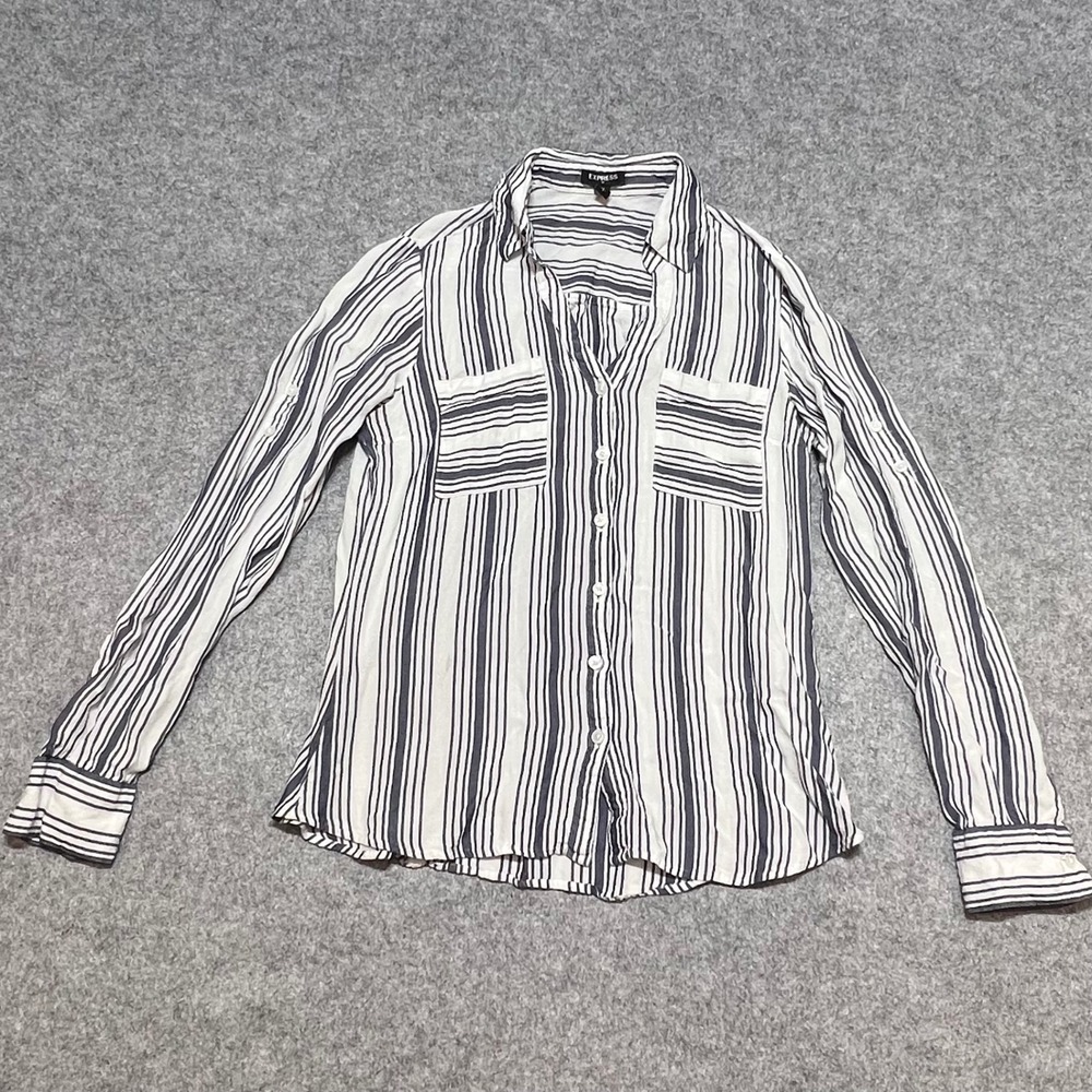 Express Navy White Striped Rayon Roll Tab Button Up Shirt Blouse Soft Flowy SM